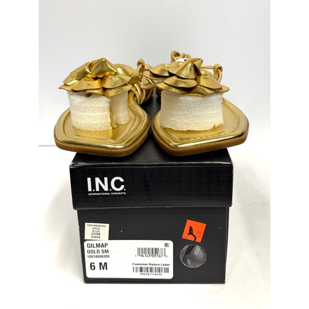 I.N.C Gilmap Gold Flower Flat Sandal Strappy Lace Up Size 6M NWT/BOX
